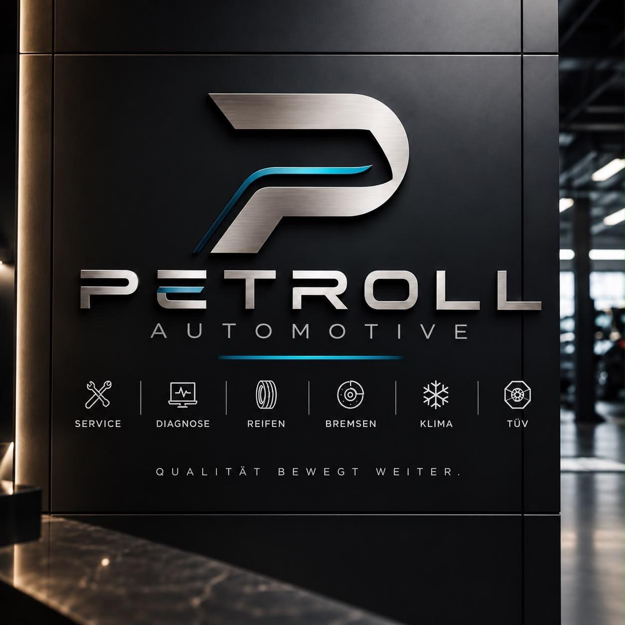 Das Schild von Petroll Automotive an der Werkstatthalle: gebürsteter Stahl auf Schwarz, darunter die sechs Leistungen und der Leitsatz „Qualität bewegt weiter.“